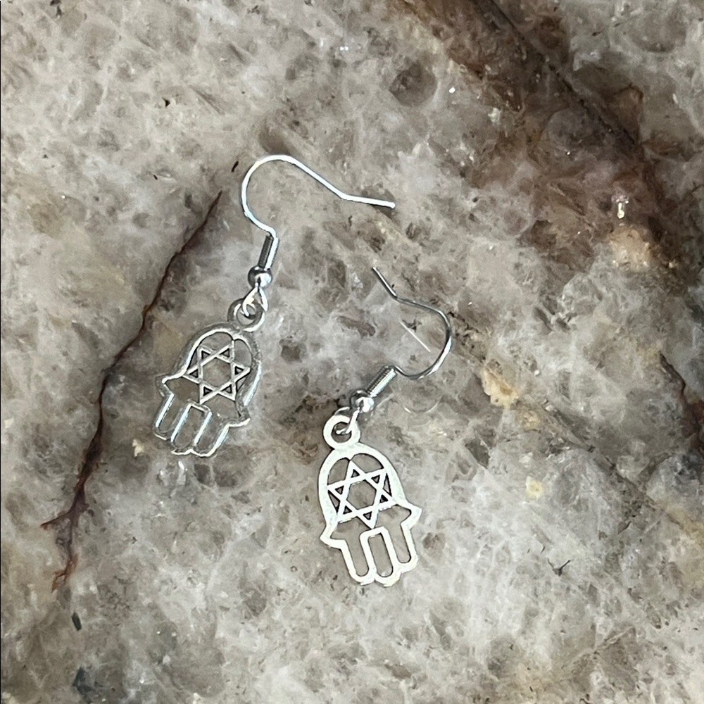 Silver Hamsa Hand Earrings - Picture 3 of 3